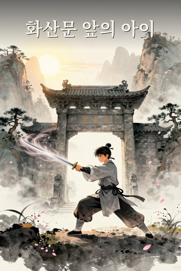 Cover artwork for “화산문 앞의 아이,” a martial-cultivation serial by Fictures Studio