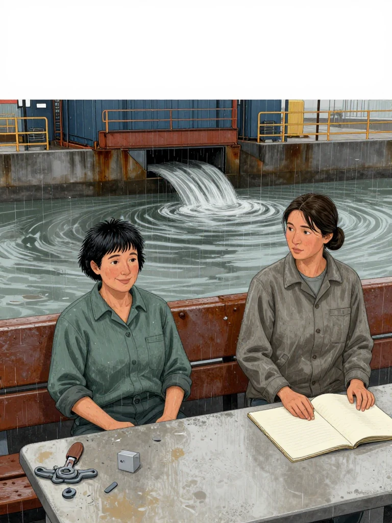 Noor Haddad rests beside the scarred bench, hiding a small pleased smile while metal shavings catch the marine light. Juno Vance pauses over a closed work pad, then follows the same person's gaze across the slip. Beyond the workbench, a slow whirlpool funnels over the travel lift intake in the low ebb. Setting: Verity Boatworks, Slip Six.