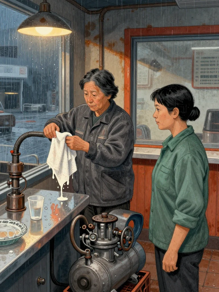 Coral Marsh stands on a milk crate and settles a dripping towel around the laboring compressor fuel line. Noor Haddad stands beside the counter, watching the wet cloth cling to the hot metal. Warm diner light crosses chrome trim, pie glass, and an empty cup near the window as the first rain beads outside. Setting: Marsh Diner.