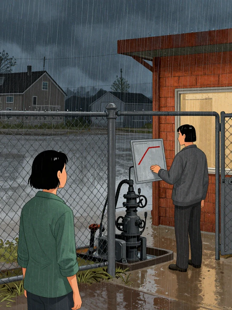 Noor Haddad stands outside the chain link fence in driving rain, watching an unnamed town works operator press the pump control as the machine shudders and dies. Abel Reyes enters through the gate with a sleeved metal board, surveying the rising red needle, the pumps, and the same person. Dark homes spread beyond the cinderblock station. Setting: Pump Station Nine.