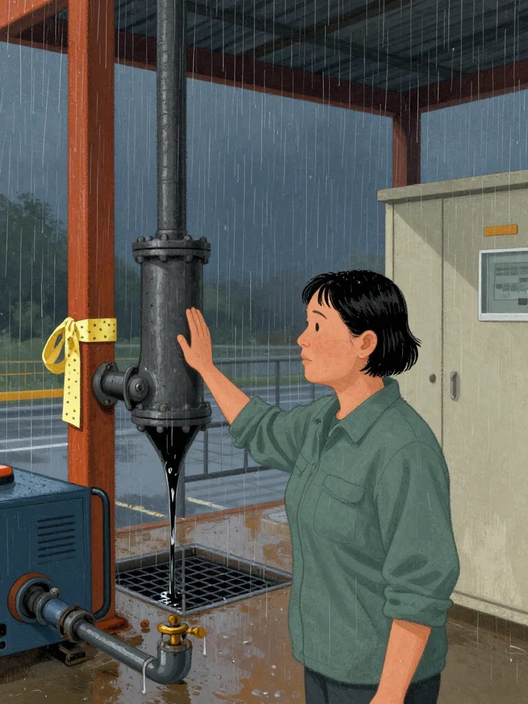 Noor Haddad presses a flat palm to the vibrating pump casing inside the rain lashed station, listening through the metal while black water twists into a slow funnel beyond the intake grate. Nearby, the backup generator shudders beside a wet fuel line, and a bright pitted bonding strap hangs sheared from the control cabinet frame. Setting: Pump Station Nine.