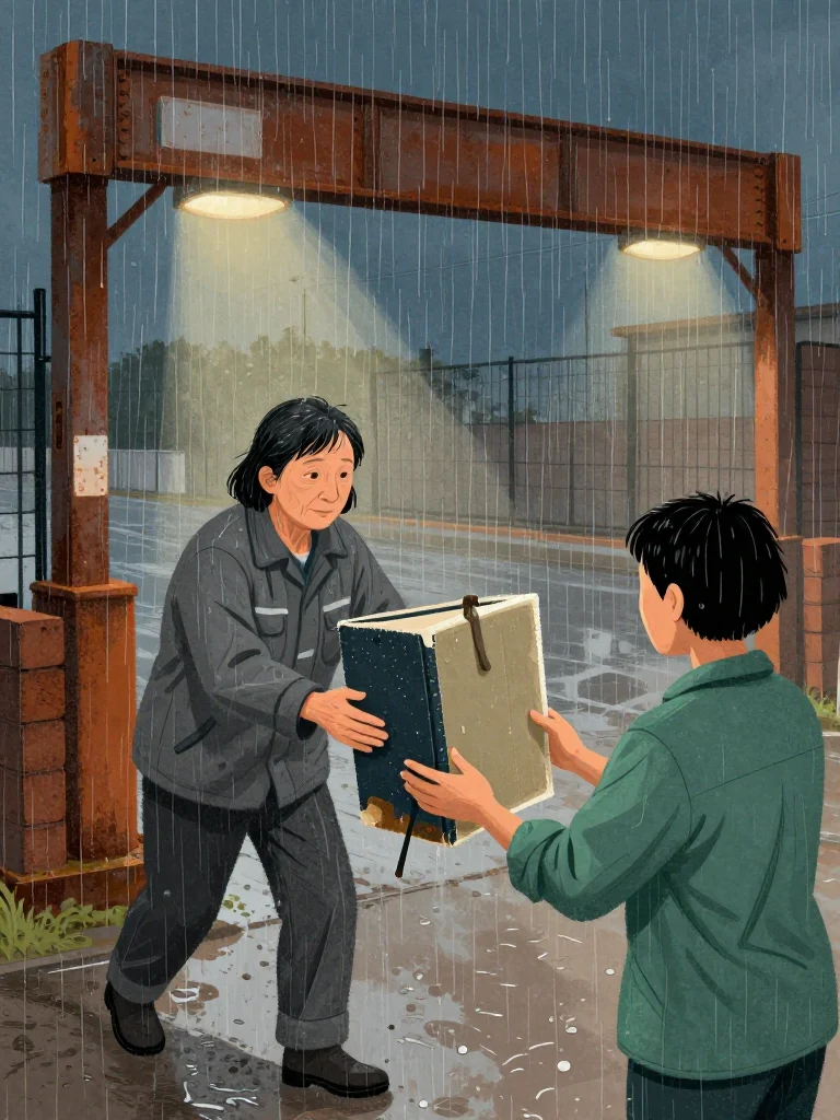 Coral Marsh steps through the rain and pushes a grease dark canvas volume into Noor Haddad's waiting hands beneath the gate headlights. Water beads on the worn cover, its lower corner darkened by years of handling, while a small capped hand tool hangs from the spine. The storm blurs cinderblock, pumps, and fencing around them. Setting: Pump Station Nine. Visible objects: The Handbook of Field Expedients.