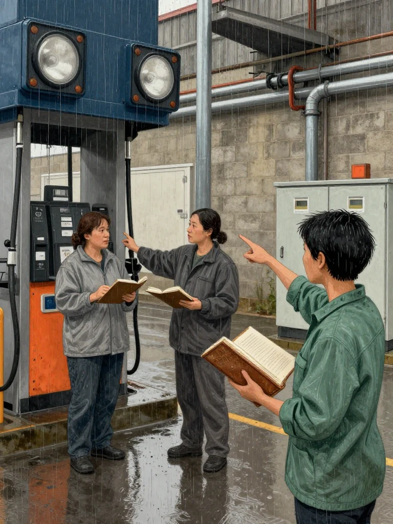 Juno Vance stands beneath the gate headlights with a small work pad already open, shoulders angled toward the pump bays. Noor Haddad braces the worn canvas volume open against the rain and points in sequence toward the yard truck, backup generator, and control cabinet. Reflections ripple across soaked pavement, metal piping, and the cinderblock walls. Setting: Pump Station Nine. Visible objects: The Handbook of Field Expedients.