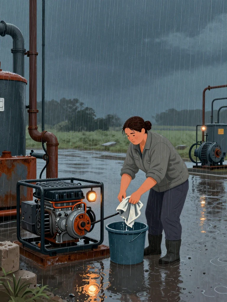Juno Vance braces beside the backup generator in heavy rain, dipping a cloth into a bailing bucket before wrapping it wet around the hot fuel line. The same person keeps one hand near the cloth as the engine steadies. Reflected work lights shimmer across standing water, patched cinderblock, metal piping, and the nearby humming pump housings. Setting: Pump Station Nine.