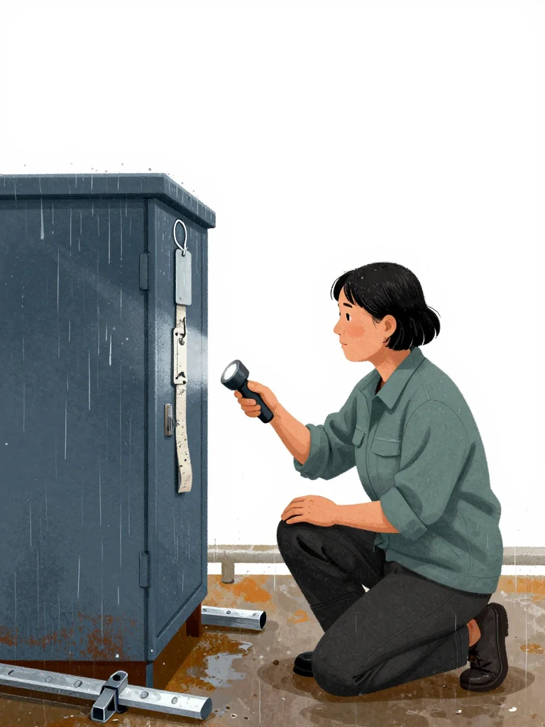 Noor Haddad kneels at the control cabinet and angles a flashlight across the failed bonding strap. The strap stub is chalky white, deeply pitted, and thin beside a clean aluminum service tag fastened by bright fresh wire. Rainwater gleams on the cabinet frame while temporary zinc bars and clamps remain undisturbed nearby after the tide has turned. Setting: Pump Station Nine.