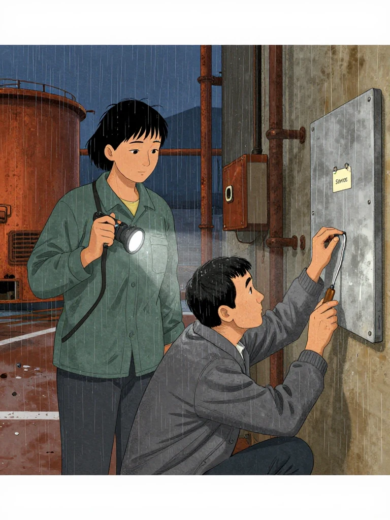 Noor Haddad holds a flashlight on the failed strap while an unnamed town works operator leans close and falls still at the sight of the clean service tag. Abel Reyes crouches beside them, tapping a capped hand tool against a sleeved metal board while comparing the fresh wire with the white corrosion. Rain beads across all three figures. Setting: Pump Station Nine.