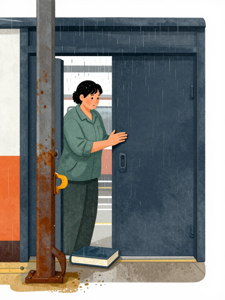 Noor Haddad stands just inside the station door with one palm flat on the grease dark canvas cover and the other hand resting near its tied hand tool. Rows of old grease marks climb the adjacent steel column and stop below the recent repair area. Soft rain shows through the doorway as the closed volume rests heavy beneath the same person's hand. Setting: Pump Station Nine. Visible objects: The Handbook of Field Expedients.