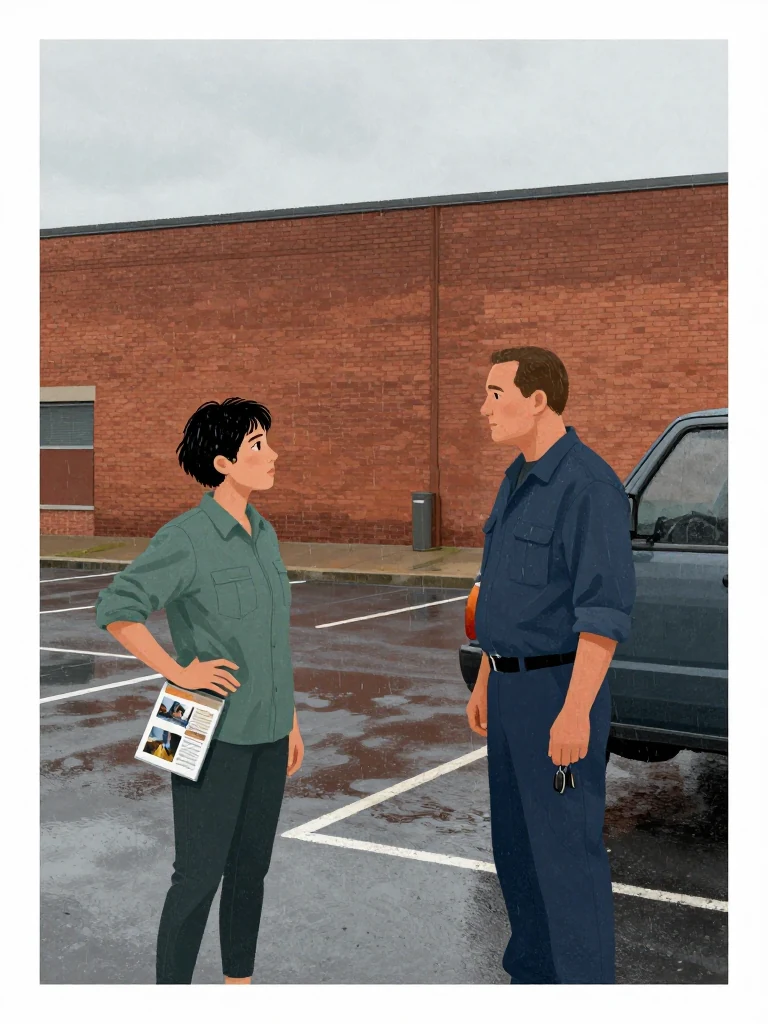 Noor Haddad stands in a rain-dark municipal parking lot beside an unnamed works supervisor, holding a closed packet of site photographs against one hip. The supervisor pauses beside an old pickup with keys lowered in one hand. Wet asphalt, plain brick annex walls, and flat gray daylight frame their tense exchange after the brief budget meeting.