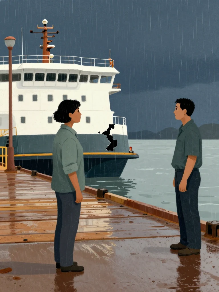 Noor Haddad stands at the ferry landing's edge, gaze fixed on the span's broken corner. Her posture is still, arms at her sides, facing the deckhand who stands opposite her. The morning light glints off the wet wood of the pier. Behind her, the ferry's pontoon waits, empty and silent. Setting: Port Lassiter Ferry Landing.