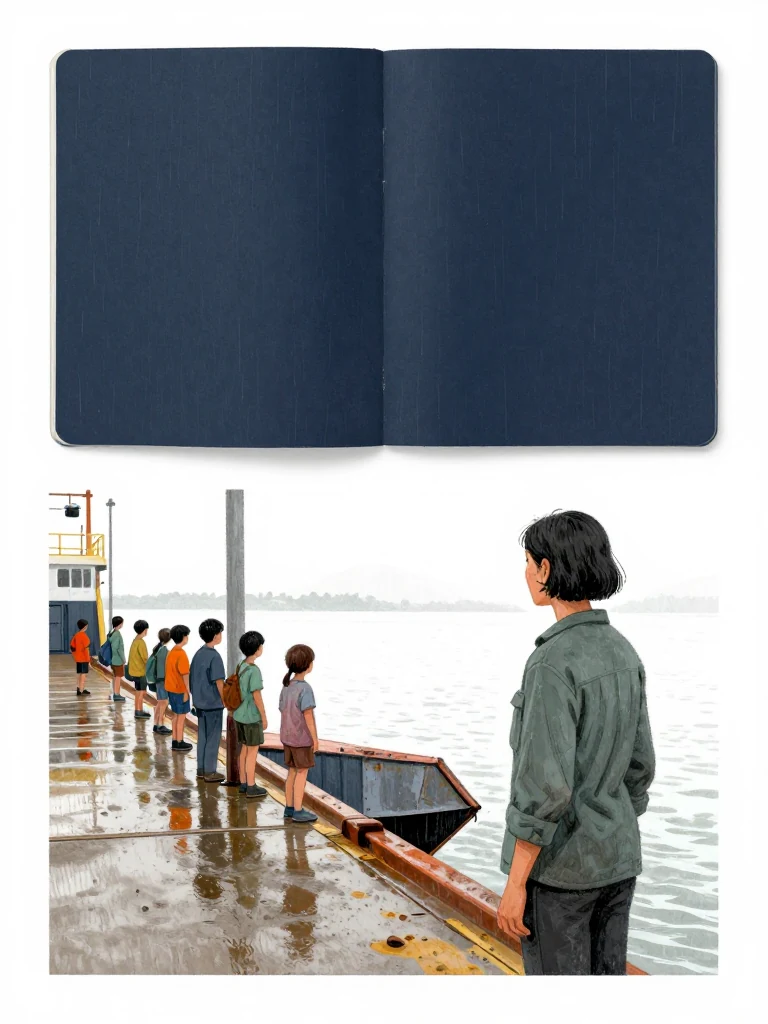 Noor Haddad stands at the ferry landing's edge, arms at her sides, gaze fixed on the pier where nine children wait. The gangway's dropped corner grinds beneath her palm. Morning light glints off wet wood and metal. Behind her, the closed featureless bound object lies open on the piling. Setting: Port Lassiter Ferry Landing.