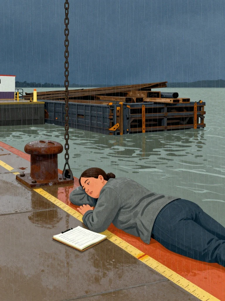 Juno Vance lies prone along the pontoon edge and studies the painted freeboard scale while a compact personal work pad rests beneath one forearm, its marked surface turned away. A chain hoist rises from the pier bollard to the gangway lug as the flood tide lifts wet timber and steel through cool harbor light. Setting: Port Lassiter Ferry Landing.
