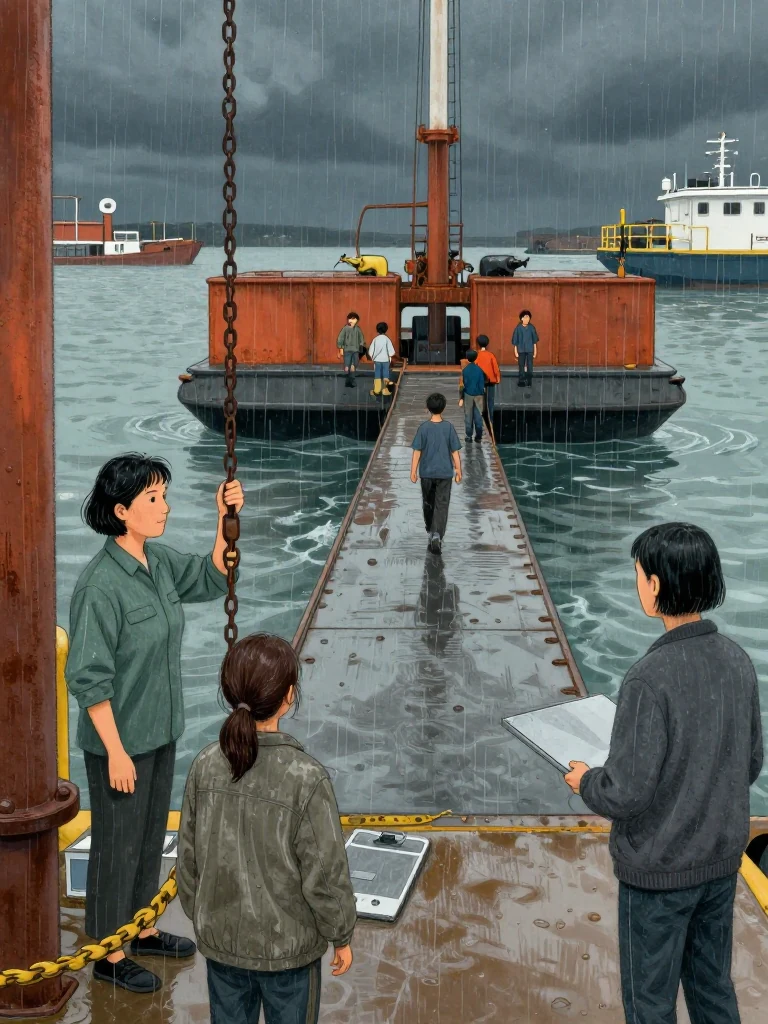 Noor Haddad keeps one hand on the leveled chain hoist while Juno Vance monitors the pontoon scale from its edge. Abel Reyes stands at the prescribed observer position with a plain metal board held face-down. Nine unnamed children cross the gangway one at a time as the rising tide carries the remaining load beneath overcast harbor light. Setting: Port Lassiter Ferry Landing.
