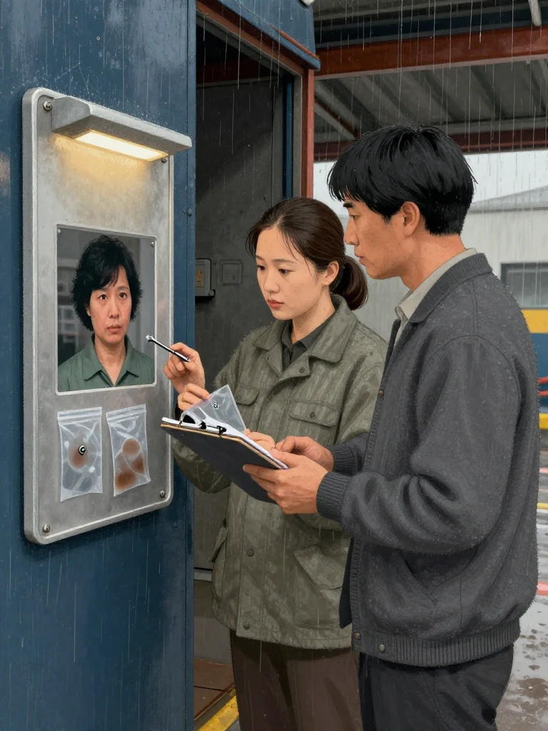 Noor Haddad photographs an aluminum service plate beside a dark handheld comparison image while Juno Vance steadies a compact personal work pad with its surface edge-on. Abel Reyes seals the sheared pin and service plate in clear evidence pouches. Matching shallow bruise-like impressions catch the work light across otherwise plain metal surfaces beside the closed gangway. Setting: Port Lassiter Ferry Landing.