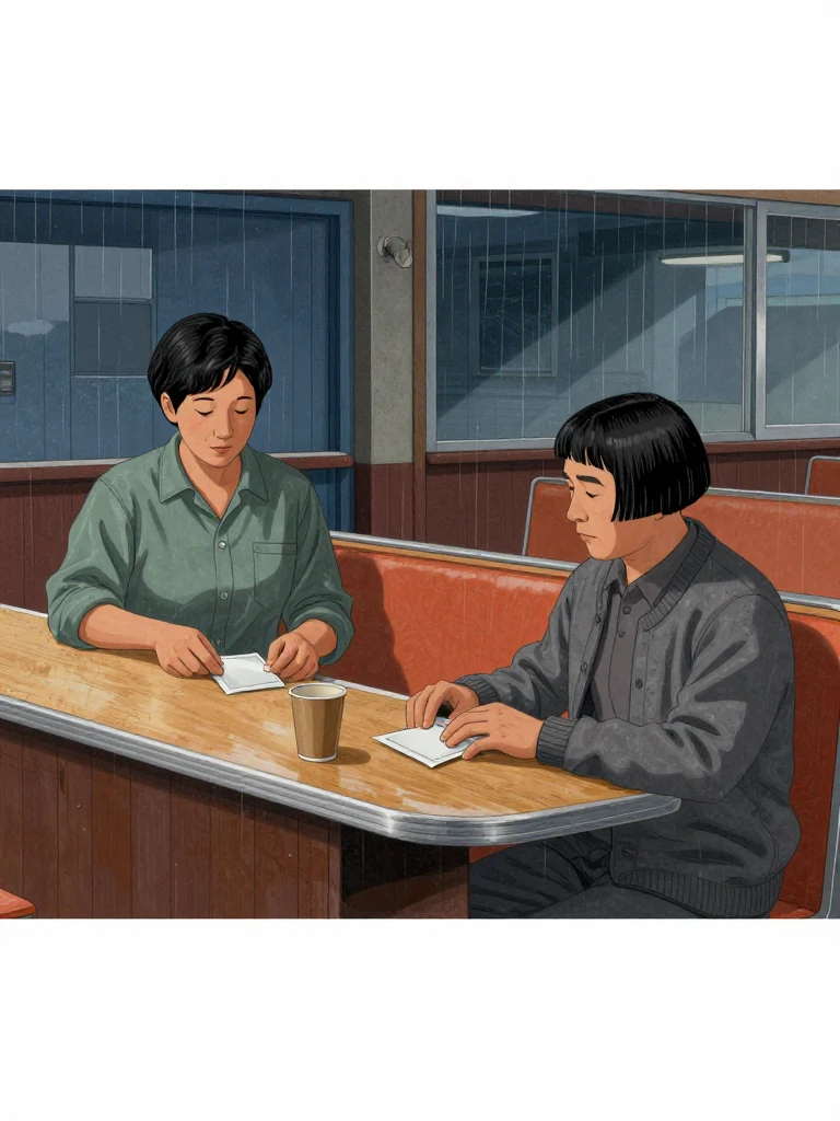 Noor Haddad places an opaque comparison packet face-down on the diner counter beside an untouched cup. Abel Reyes rests both hands over the closed packet and studies the arrangement in silence. Flat off-shift light crosses worn wood, chrome trim, and the empty window seat as the private county-storage discovery settles between them. Setting: Marsh Diner.