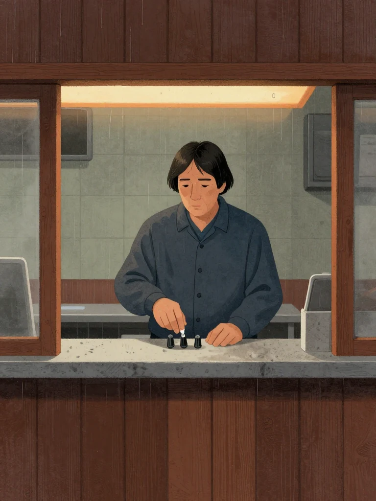 Abel Reyes, the same person, stands at the diner counter, tapping a small capped hand tool three times on the surface. His posture is still, his gaze forward. Warm ambient light glows from above. Wood paneling and a worn countertop frame the scene. Setting: Marsh Diner.