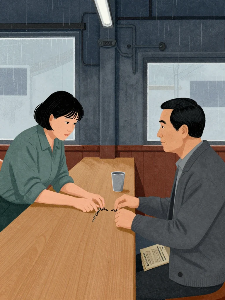 Noor Haddad leans across the diner counter and traces the shape of an unseen access chain with two fingertips on bare wood. Abel Reyes sits opposite with shoulders squared and a closed county packet tucked beneath one hand. Cool window light and a single untouched cup hold their quiet recognition that the missing instrument required familiar keys. Setting: Marsh Diner.