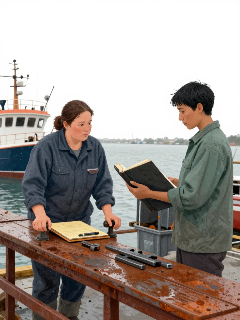 Juno Vance braces the replacement gangway pin on the scarred yard bench while a compact personal work pad with tied capped tool rests close at hand. Noor Haddad checks the fitted metal beside the grease-dark canvas volume, opened with its surface turned away. Evening harbor light crosses welding tools, timber, and the repaired assembly at the quiet boatyard. Setting: Verity Boatworks, Slip Six. Visible objects: The Handbook of Field Expedients.