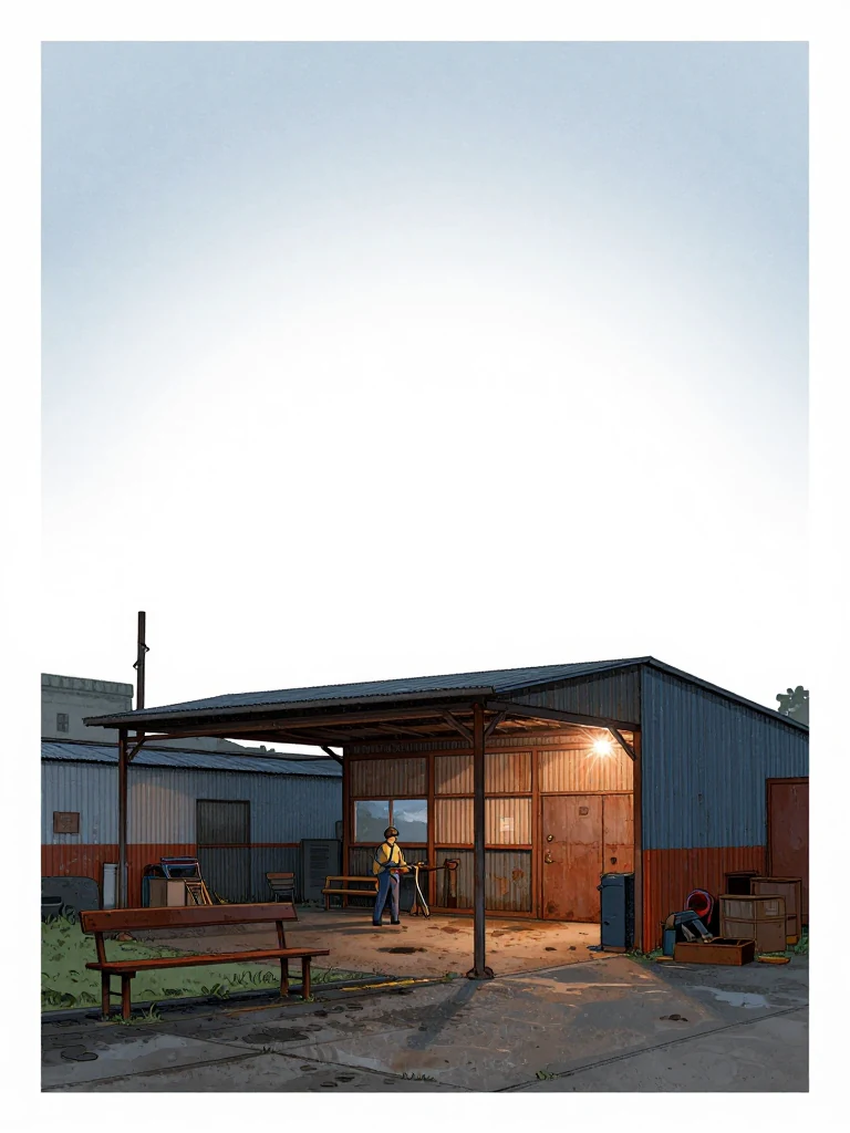 A wide shot of a metal yard at dusk, the welding light in the far shed flickers on then off, casting brief shadows. The bench is empty, the air still, and the silence hangs heavy over the metal structures and weathered wood. Setting: Verity Boatworks, Slip Six.