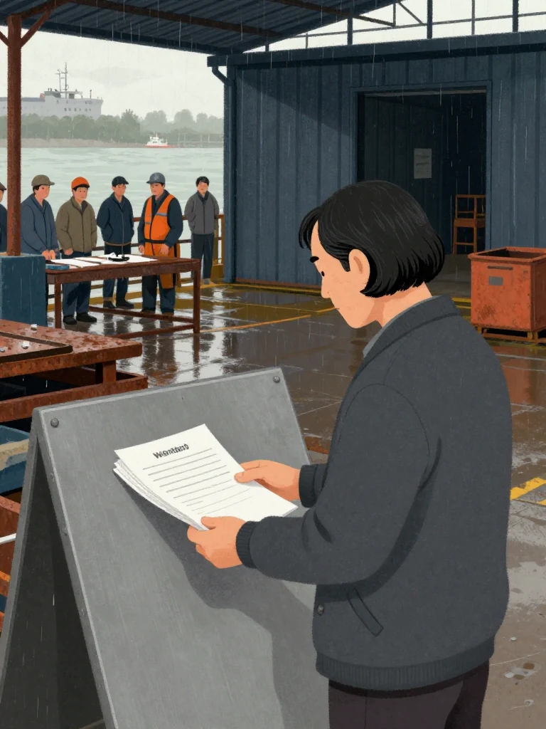 Abel Reyes stands in the boatyard with a stack of sworn statements held face-down against a plain metal board. Unnamed yard workers and ferry parents wait beyond the evidence table while morning light crosses wet timber, idle steel, and the dark welding shed. The rigid stance shows procedural resistance inside a crowd offering trust instead of mechanism. Setting: Verity Boatworks, Slip Six.