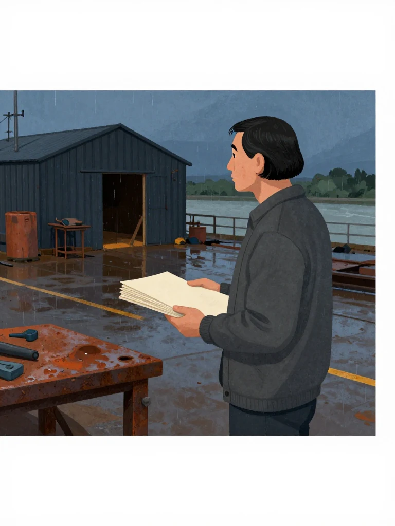 Abel Reyes stands in the boatyard holding a face-down stack of plain sheets against one hip, gaze fixed on a distant dark welding shed. Evening light edges wet timber, idle steel, and the scarred workbench while the unlit doorway creates a quiet block beyond the yard. The squared stance carries measured doubt and reluctant attention. Setting: Verity Boatworks, Slip Six.