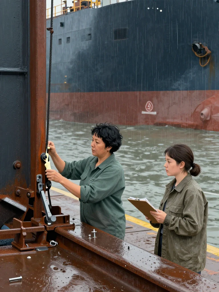 Noor Haddad applies wax-heavy compound to one of two matched hinge assemblies mounted on the marine railway rig. Juno Vance keeps the cycle count at a sheltered station with a compact personal work pad angled away. The grease-dark canvas volume lies open beyond legibility as paired steel pins, load cable, work lamps, and damp yard rails establish the controlled comparison. Setting: Verity Boatworks, Slip Six. Visible objects: The Handbook of Field Expedients.