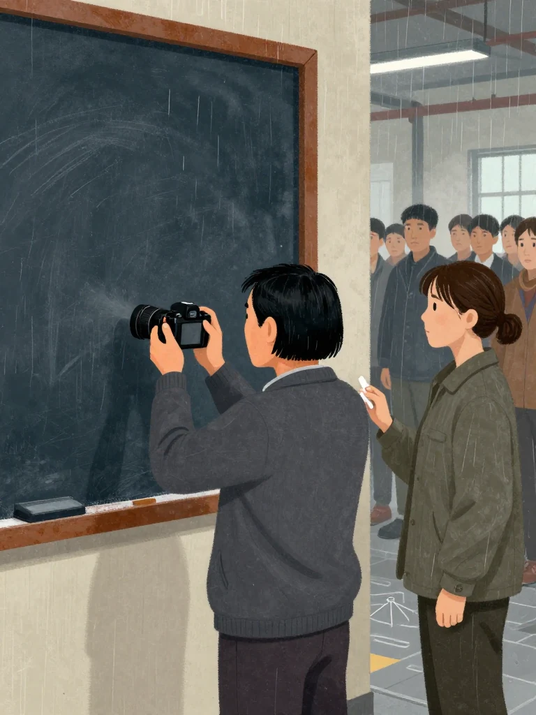 Abel Reyes holds a camera, capturing the chalk board and closed featureless bound object plain surface. Juno Vance stands nearby, chalk in hand, as the crowd falls silent. Cold morning light glints off metal surfaces. Breath shows in the air. The scene is still, focused, and tense.