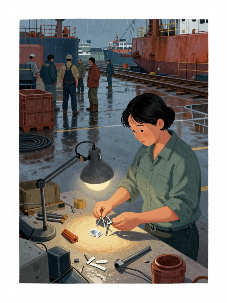 Noor Haddad stands at the boatyard evidence table and turns two sheared pins beneath a close work lamp, aligning their fatigue arcs and crystalline breaks beside a sealed wax sample. The marine railway rig cools behind the table while unnamed yard workers gather in a restrained semicircle among wet crates, cable, and steel under diffuse harbor light. Setting: Verity Boatworks, Slip Six.
