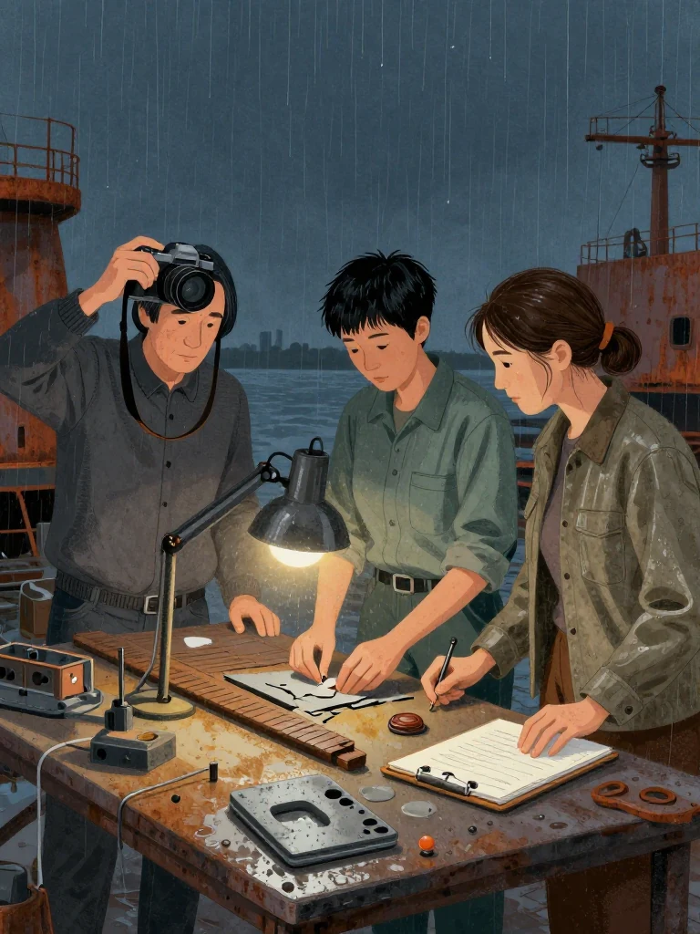 Abel Reyes raises a camera over the boatyard evidence table while Noor Haddad aligns fracture pieces, the gangway pin, and a sealed wax sample under the work lamp. Juno Vance places a compact personal work pad beside them with its marked surface shielded by one hand. The folded test jig and unmoved weld remain visible beyond the table. Setting: Verity Boatworks, Slip Six.