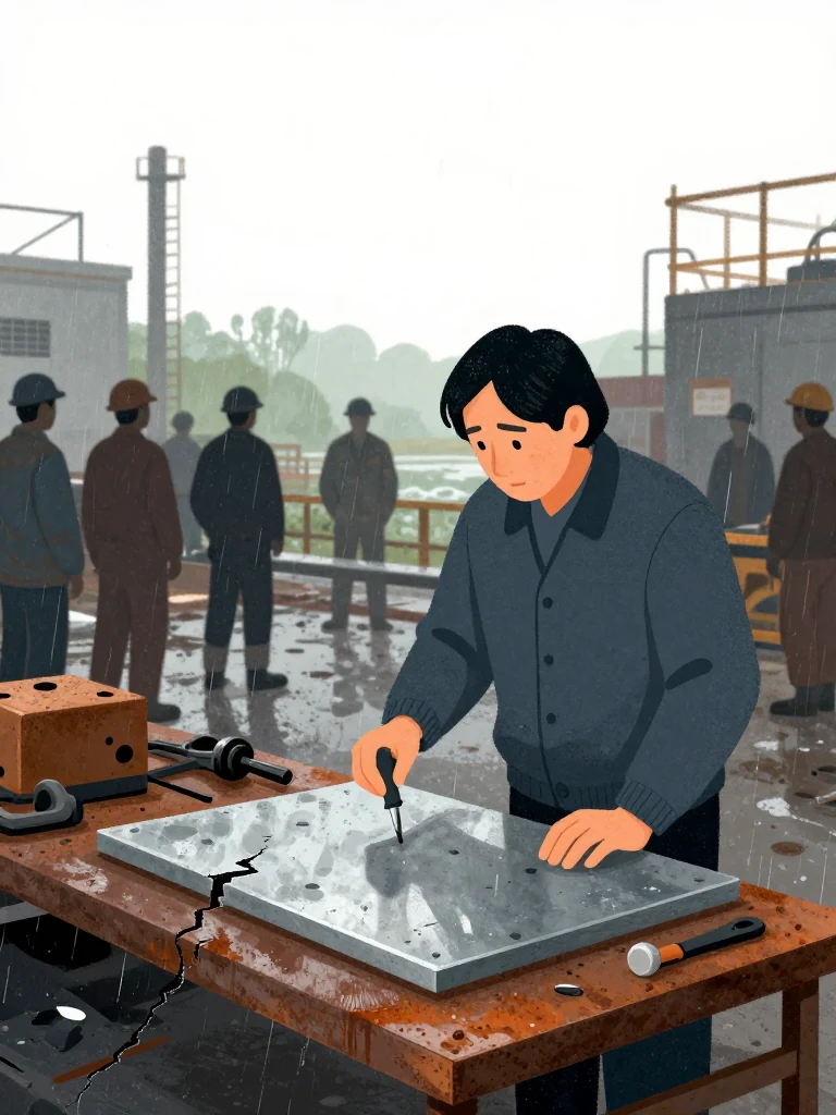 Abel Reyes stands beside the evidence table with a small capped hand tool lowered against a face-down metal-backed surface, shoulders rigid before the gathered yard workers. Diffuse work light spreads soft shadows across the cooling rig, fracture pieces, wet timber, and attentive silhouettes as the same person completes the amended finding. Setting: Verity Boatworks, Slip Six.