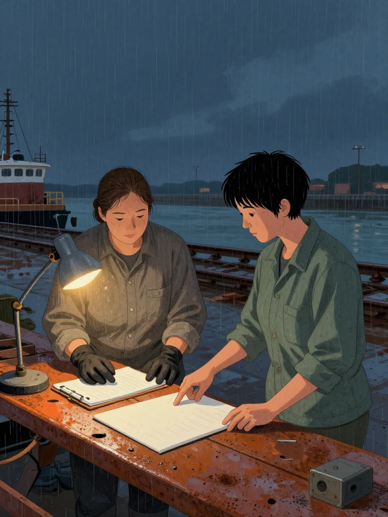 Juno Vance counts backward on gloved fingers beside a compact personal work pad whose surface remains turned away. Noor Haddad rotates a plain inspection sheet face-down on the scarred boatyard bench and points between it and the failed pin. A warm task lamp isolates the physical count while dusk settles over the marine railway and wet timber. Setting: Verity Boatworks, Slip Six.