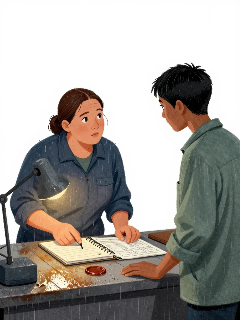 Juno Vance places one fingertip on the closed personal work pad and looks toward Noor Haddad as the inspection timing becomes clear. The same person turns a face-down county schedule beside the sheared pin and sealed wax sample. Work light glances across the evidence bench, cooling rig, wet planks, and the two figures sharing a tense procedural discovery. Setting: Verity Boatworks, Slip Six.