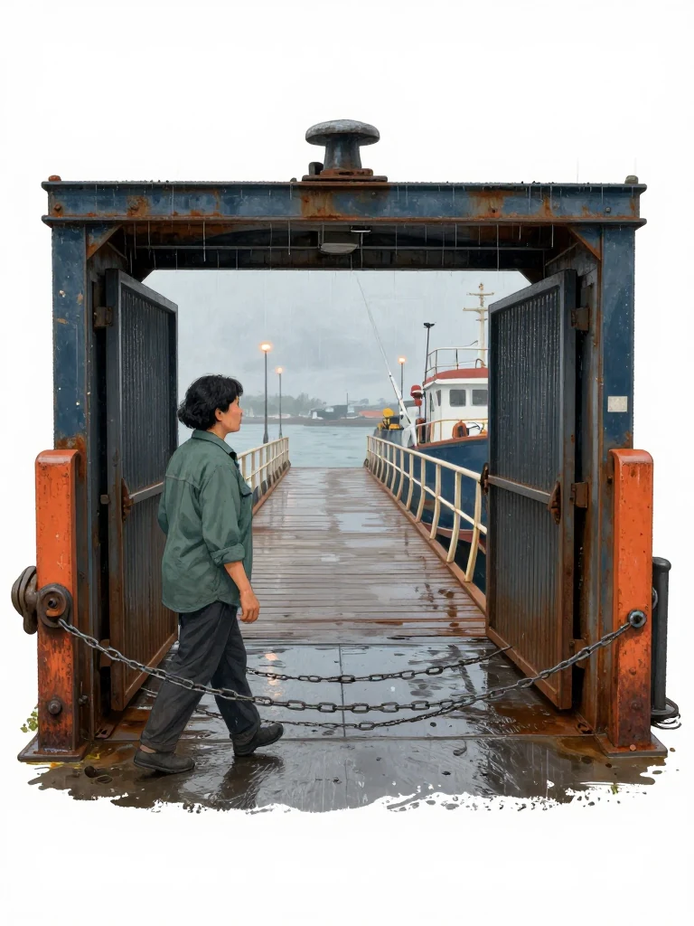 Noor Haddad walks past the chained ferry entrance and pauses beside the properly machined replacement pin waiting on a covered maintenance stand. Diffuse harbor light traces fresh grease, closed gates, damp planks, and the empty gangway beyond. The solitary figure faces the repaired metal while distant boatyard work lights recede across the water. Setting: Port Lassiter Ferry Landing.