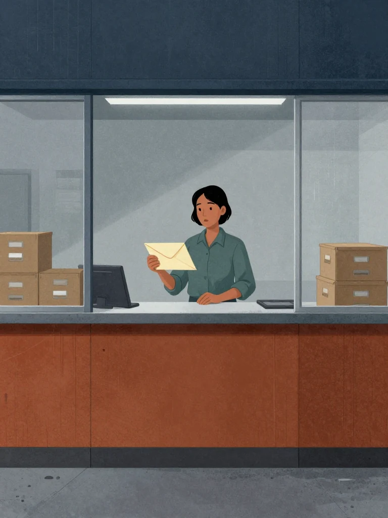Noor Haddad stands at an unfiled county clerk counter holding an opaque returned envelope with its sealed face turned outward. An unnamed clerk remains behind the plain counter with hands folded beside a closed tray. Flat institutional light crosses gray walls, stacked archive boxes, and the blocked exchange while every posted surface stays hidden behind frosted glass.