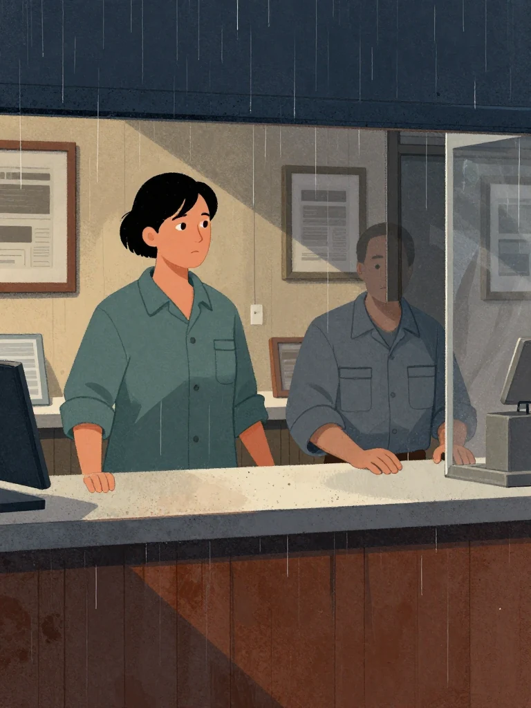 Noor Haddad stands facing the clerk, arms at sides, head tilted slightly forward, eyes fixed on the clerk's face. The clerk's hands rest on the counter, fingers tapping lightly. Behind them, a wall holds framed materials and a glass case. Light from a high window casts soft shadows across the counter and the clerk's uniform.
