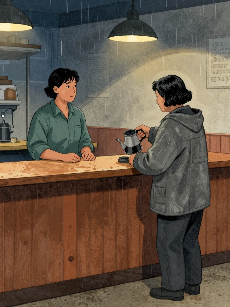Noor Haddad stands near the counter, speaking to Coral Marsh, who holds a coffee pot mid-pour. the same person's gaze is fixed on the same person, body slightly turned. Warm light glows from overhead fixtures. The diner's worn wood counter and mottled linoleum floor are visible behind them. Setting: Marsh Diner.