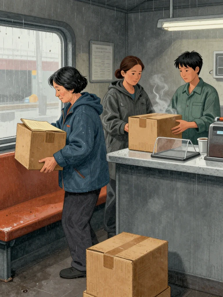 Coral Marsh carries two dusty boxes from the diner's back room and opens a board-bound site volume at the window seat. Juno Vance arranges the remaining boxes beside a compact inventory pad with its surface shielded. Noor Haddad receives the next volume across the counter as fryer haze, cold coffee, and stacked years fill the narrow room. Setting: Marsh Diner. Visible objects: Gideon's Site Notebooks.