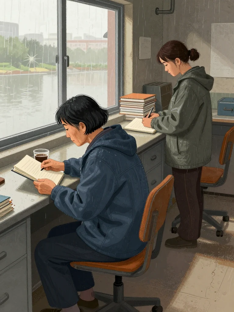 Coral Marsh sits at a window seat, coffee cooling, reading aloud from a closed featureless bound object. Juno Vance stands at the counter, logging entries into a closed featureless bound object. Sunlight streams through the window, illuminating stacks of notebooks and a locked drawer in the desk behind the same person. A single closed featureless bound object rests open on the counter beside the same person's hand. Setting: Marsh Diner. Visible objects: Gideon's Site Notebooks.