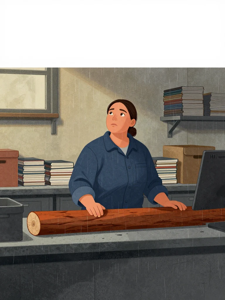 Juno Vance looks up from a log on the counter, gaze directed toward unseen others, posture upright, hands likely resting on surface, expression unreadable, in a room filled with stacked notebooks and boxy storage, light from a window casting soft shadows.