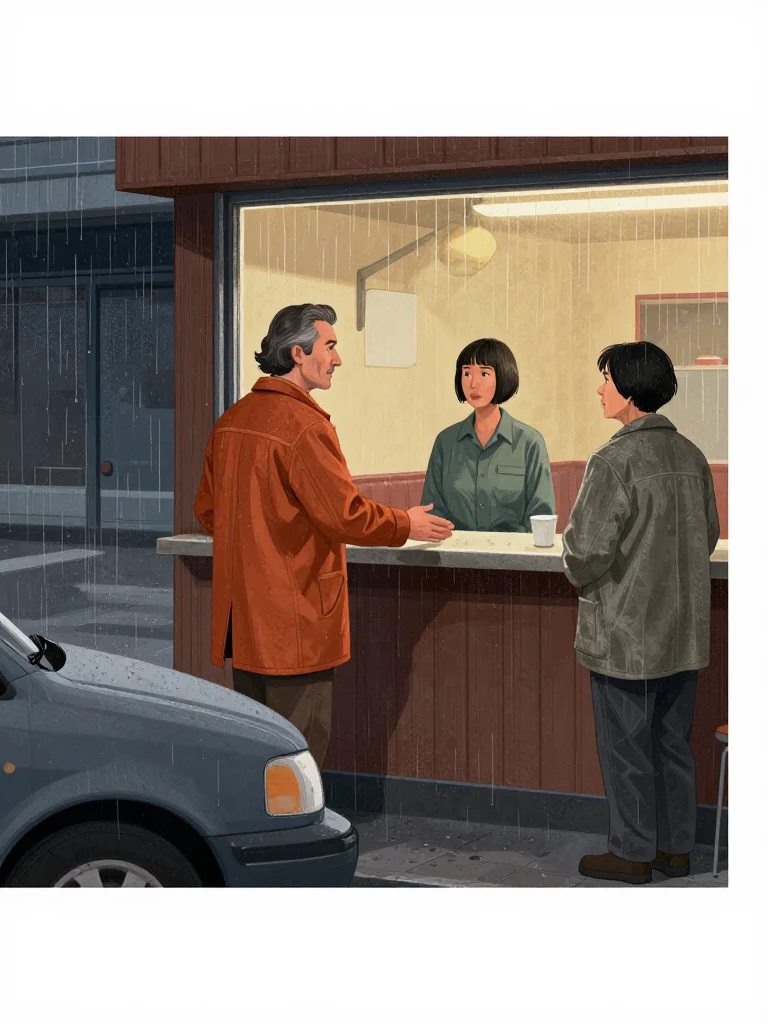 Marcus Hale enters the diner in a dry tailored coat and turns directly toward Noor Haddad with one measured hand extended. Coral Marsh stands behind the counter near the untouched window-seat cup, watching the late visitor. Warm interior light meets the gray town car at the curb while the polished newcomer contrasts with worn wood and rain-dark glass. Setting: Marsh Diner.