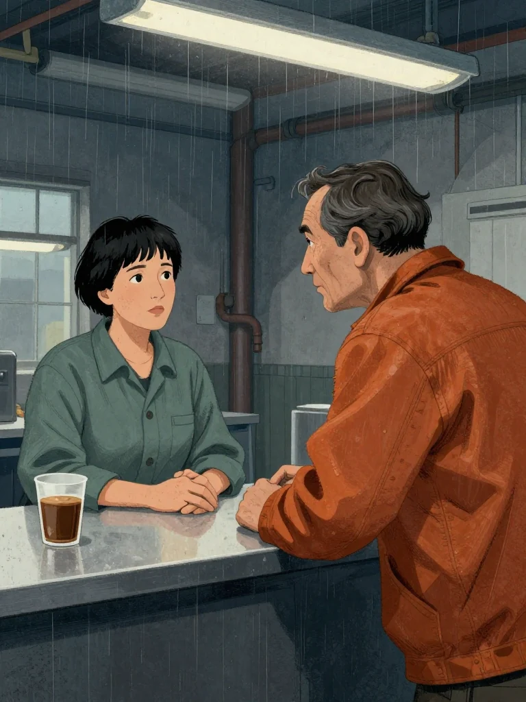 Noor Haddad, the same person, sits at the counter, hands folded, face steady, gaze locked on Marcus Hale. the same person, the same person, leans forward slightly, eyes intent, posture open but controlled. A half-drunk coffee cup rests beside him. Fluorescent light reflects off the linoleum floor. Setting: Marsh Diner.