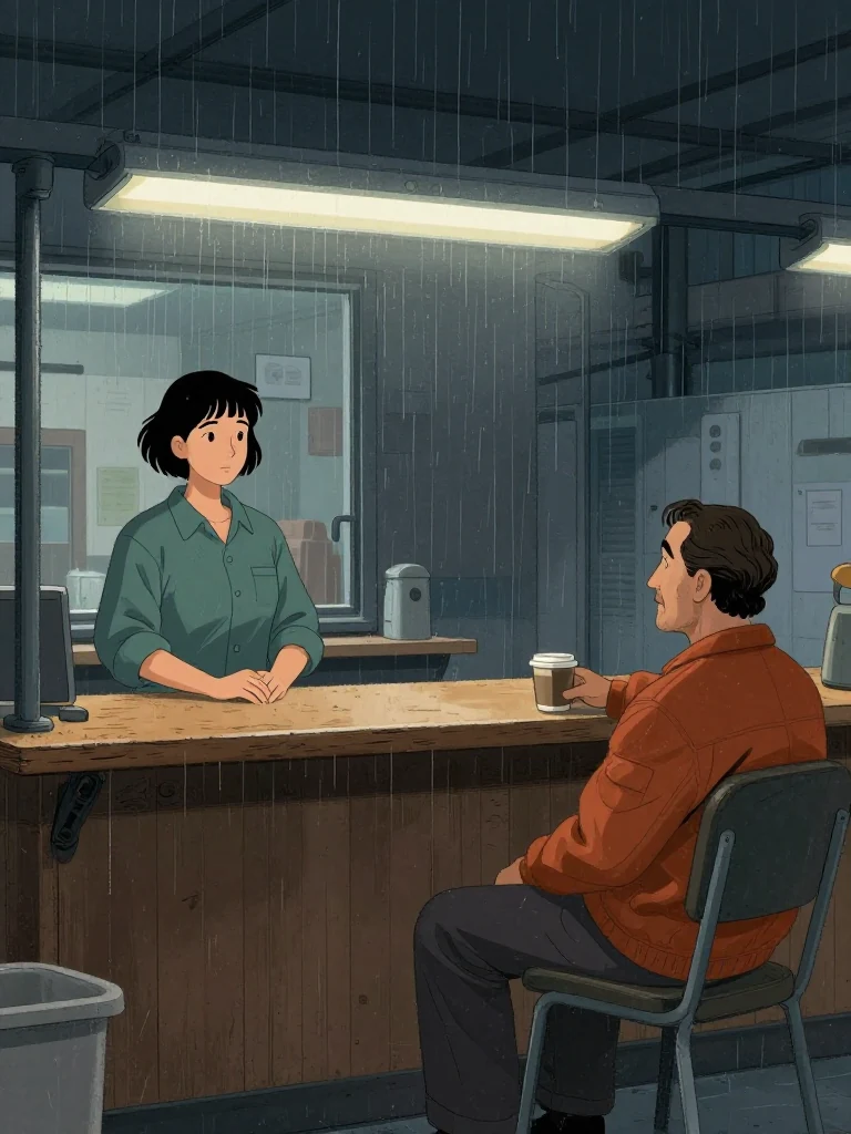 Noor Haddad, the same person, stands at the counter, hands folded, posture steady. Marcus Hale, the same person, sits back in his chair, coffee cup beside him, expression calm. Fluorescent lights cast a cool glow on the worn wood counter and rain-streaked window. Setting: Marsh Diner.