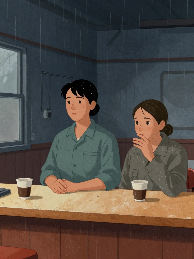 Noor Haddad, the same person, stands at the diner counter, face neutral, hands folded. Juno Vance, the same person, leans slightly forward beside her, breath held, eyes fixed ahead. The counter's worn wood and coffee cup remain visible. Light from a window casts soft shadows.