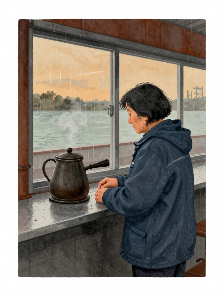 Coral Marsh stands at the counter, facing the coffee pot, hands idle. The pot sits on the counter, dark ceramic, steam faintly rising. Behind her, the diner's window shows late seasonal conditions light fading over water. Setting: Marsh Diner.