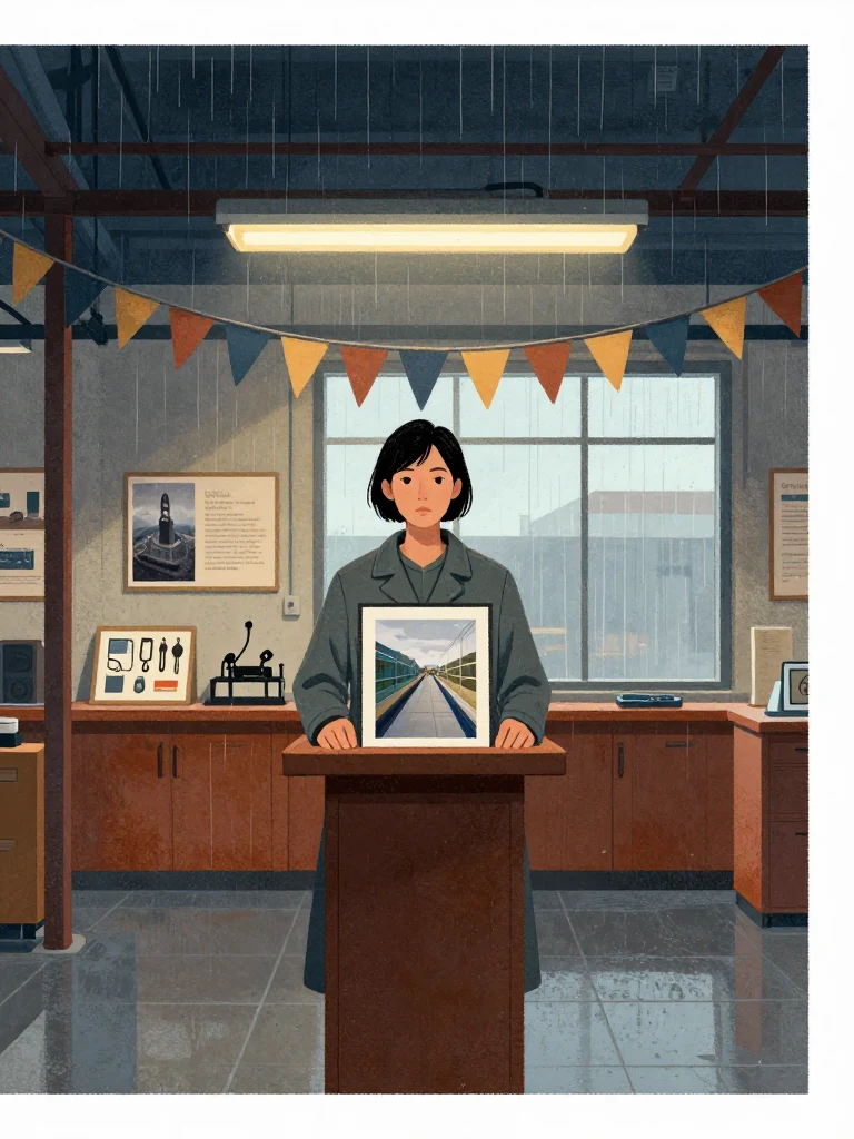 Noor Haddad stands at a podium under fluorescent light, framed by festival bunting, holding a framed photograph of a gangway. She wears a professional coat, gaze steady, posture upright, facing forward. Behind her, a wall displays exhibits and a large window shows daylight. The air feels formal, quiet, and tense. Setting: Lassiter Council Chamber.