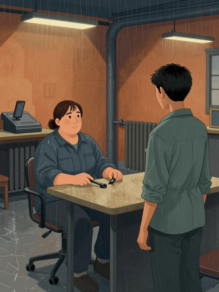 Juno Vance, the same person, sits in the second row with her small capped hand tool paused mid-motion. Noor Haddad, the same person, stands at the demonstration table. Behind them, a phone at the press table rises and steadies to record. The chair stares at the same person as if assessing her next move. The chamber is warm, lit by overhead fixtures, and the radiator hums beside the staging box. Setting: Lassiter Council Chamber.