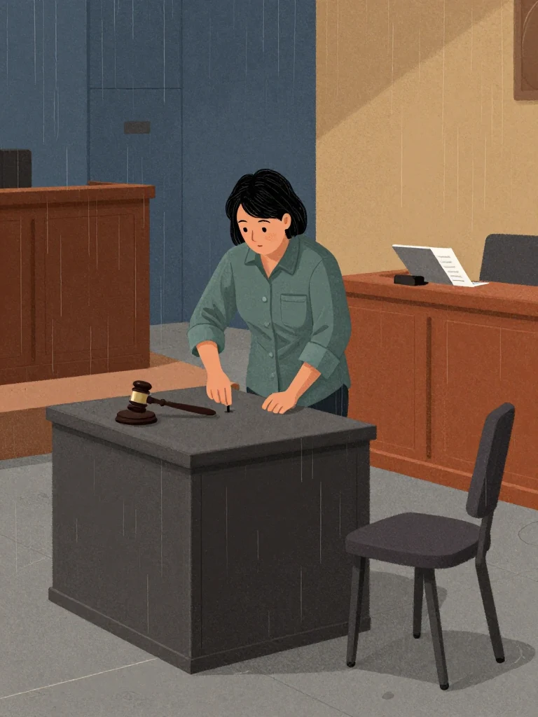 Noor Haddad stands over the stopped demonstration rig as its small pin settles on the chamber table. An unnamed opposing counsel rises nearby with one hand on a closed procedural packet. The failed assembly, plain staging box, seated chair, and still horizontal gavel occupy the warm institutional room while the same person calmly marks the physical failure for the record. Setting: Lassiter Council Chamber.