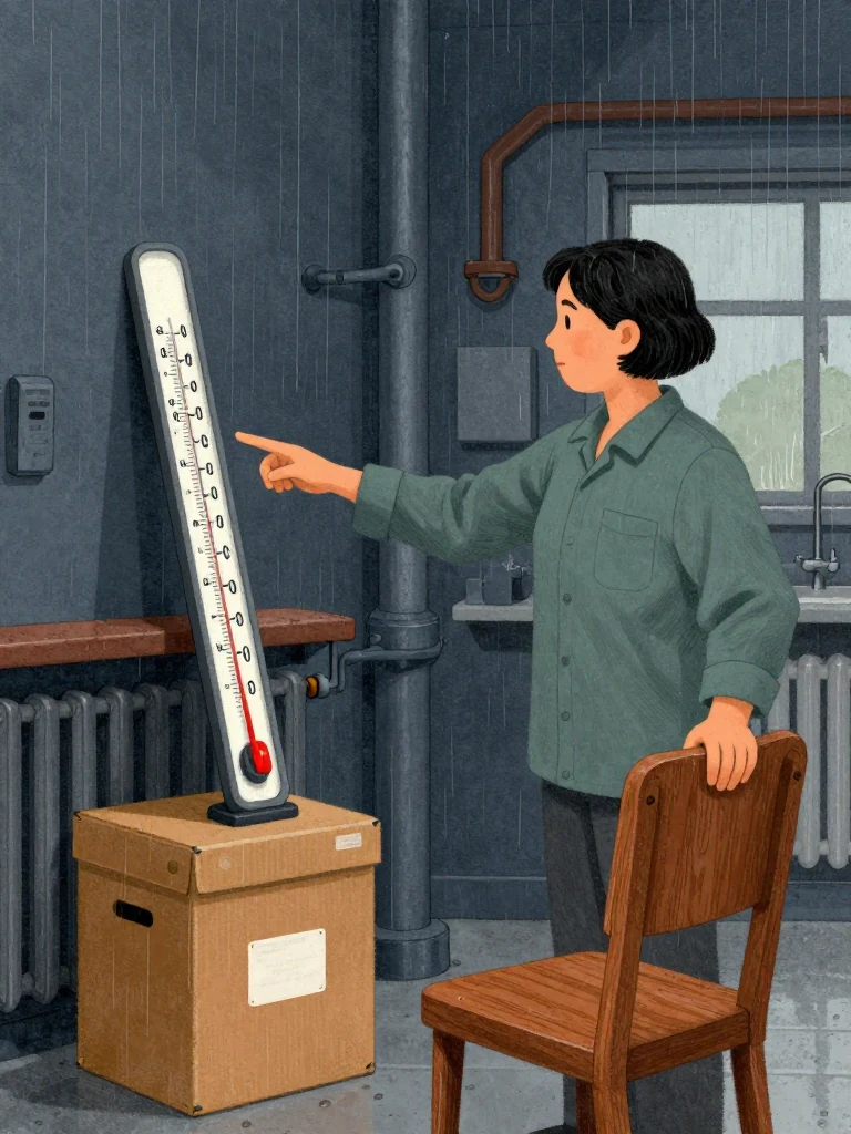 Noor Haddad points from the failed wax rig to a kitchen thermometer resting against the staging box. An unnamed clerk holds the instrument steady after receiving permission from the chair. Warm radiator air, polished wood, the loosened pin, and the composed stance turn the expected heat failure into a visible demonstration of the stated safety margin. Setting: Lassiter Council Chamber.