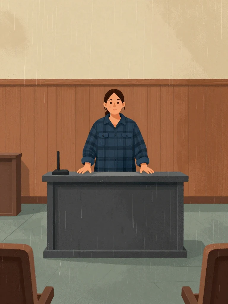 Juno Vance stands at a witness stand, facing forward, wearing a flannel shirt with minimal paint stains. Her posture is upright, hands resting on a table. The courtroom has neutral lighting and wood-paneled walls. The composition keeps every visible silhouette spatially distinct and clearly legible. Setting: Lassiter Council Chamber.