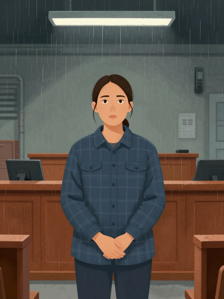 Juno Vance stands centered, hands clasped before her, posture rigid, gaze fixed forward. Her flannel shirt is plain, paint marks minimal. The courtroom's fluorescent light casts even illumination. The composition keeps every visible silhouette spatially distinct and clearly legible.