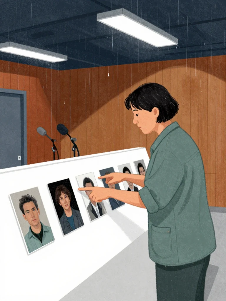 Noor Haddad stands before a white display surface, gesturing toward sequential tag photos. Her body is angled forward, focused on the display, hands moving to point at images. The room is lit by overhead fluorescents, casting sharp shadows. Behind her, wood-paneled walls and microphones are visible. Setting: Lassiter Council Chamber. Visible objects: Gideon's Site Notebooks.